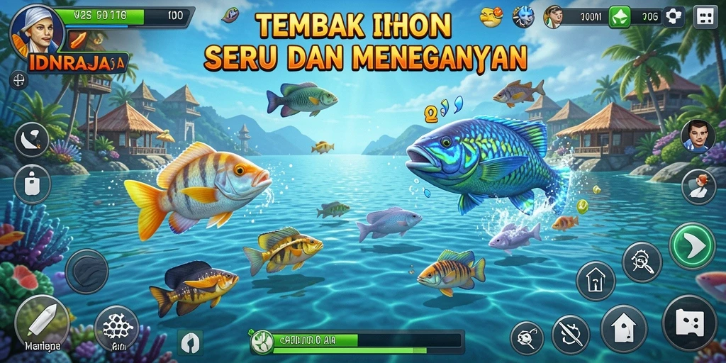 Tampilan gameplay menarik dari IDNRAJA dengan aksi tembak ikan yang seru.