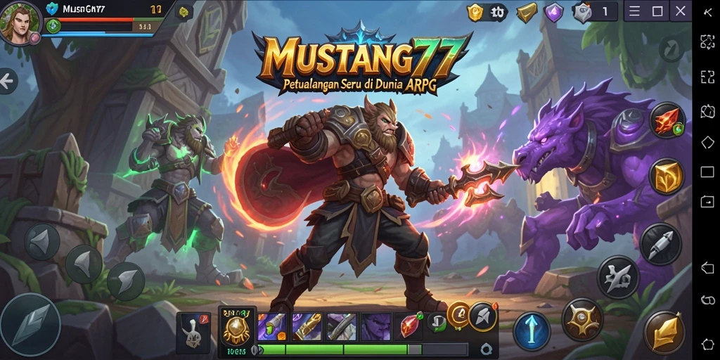 Tangkapan layar utama MUSTANG77 menampilkan aksi pertarungan yang mendebarkan.