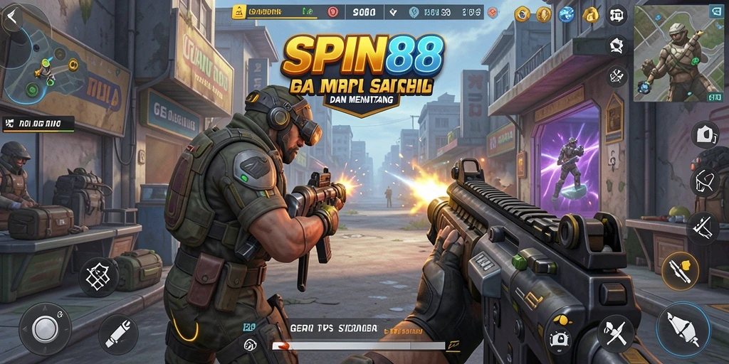 Screenshot utama SPIN88 menampilkan aksi gameplay TPS yang seru.