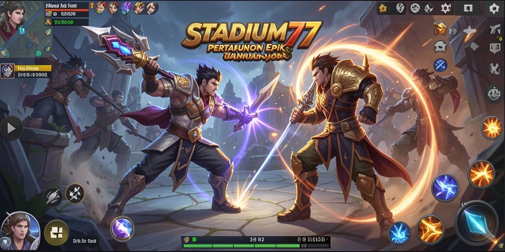 Tampilan layar permainan MOBA yang penuh aksi dan strategi.