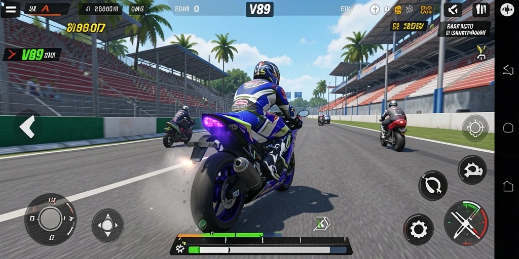 Screenshot gameplay V89 menampilkan balapan motor yang mendebarkan.