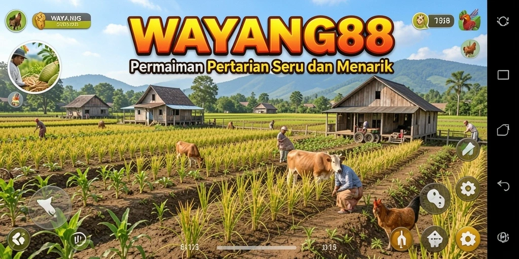 Screenshot gameplay WAYANG88 menampilkan ladang yang subur dengan berbagai tanaman.